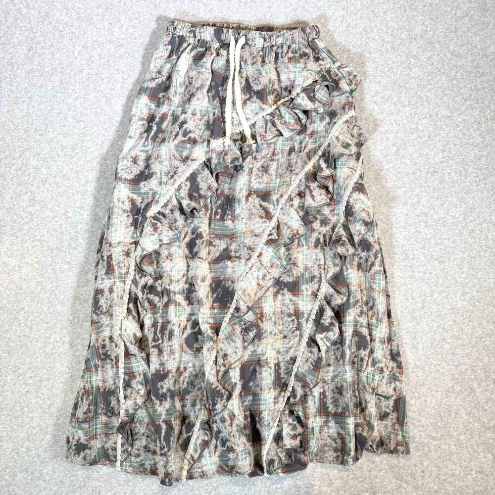 POL Maxi Skirt Faded Plaid Ruffle Lace A-Line Cotton Southwestern Boho Flannel S